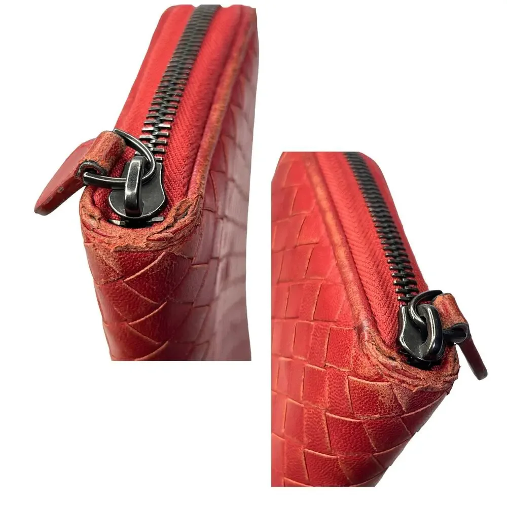Bottega Veneta Intrecciato Red Leather Zip Around Continental Wallet